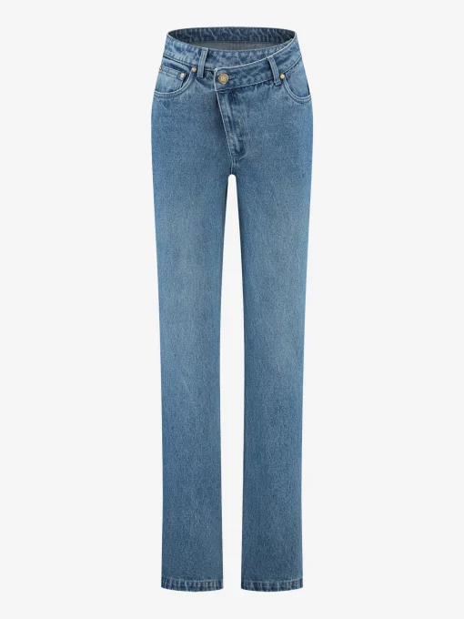 Denim jeans met gekruiste tailleband