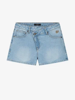 Denim short met schuine knoop