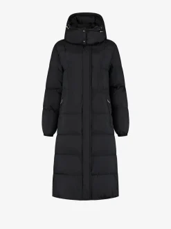 Lange puffer jas met capuchon en getailleerde taille