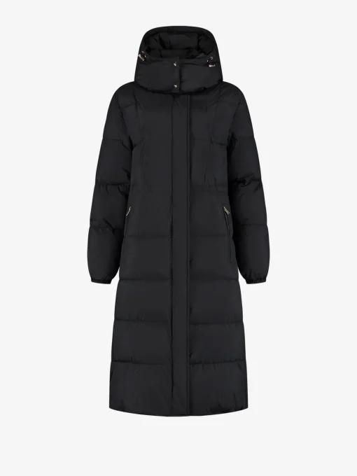 Lange puffer jas met capuchon en getailleerde taille