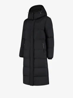 Lange puffer jas met capuchon en getailleerde taille