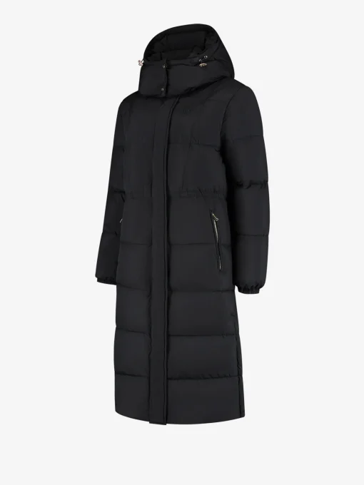 Lange puffer jas met capuchon en getailleerde taille