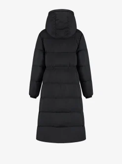 Lange puffer jas met capuchon en getailleerde taille