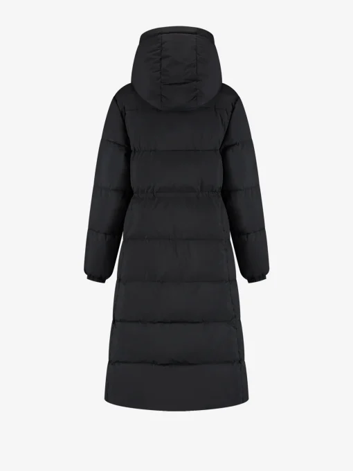 Lange puffer jas met capuchon en getailleerde taille