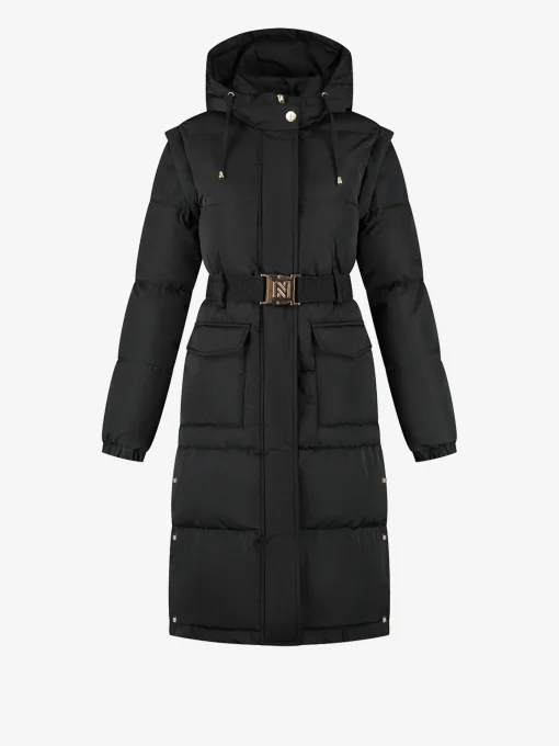 Lange puffer jas met riem en afneembare mouwen