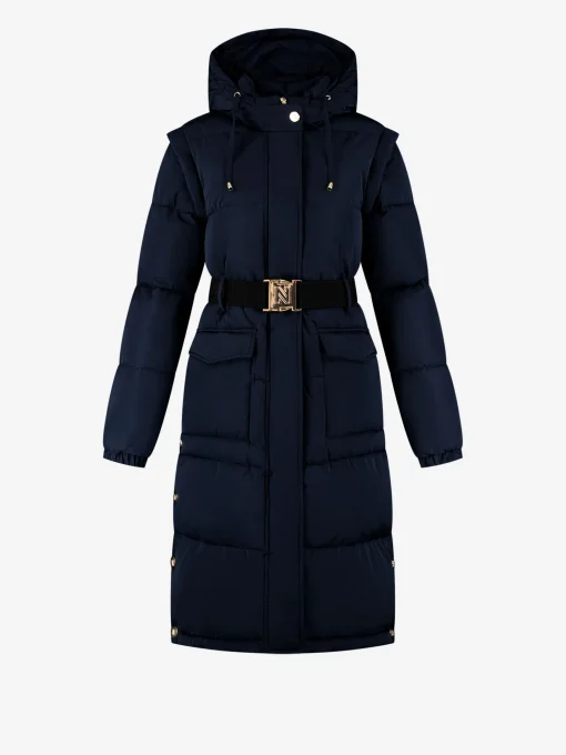 Lange puffer jas met riem en afneembare mouwen