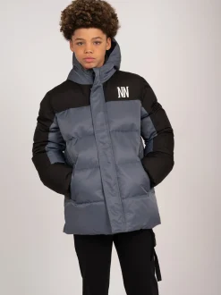 Puffer jack met capuchon en logo
